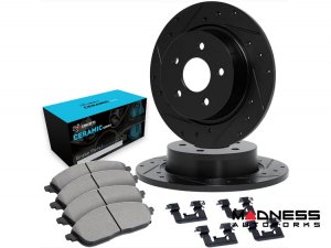 Jeep Renegade Brake Kit - Front - R1 Concepts - Ceramic Brake Pads - eLINE Black Drilled + Slotted Rotors